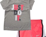 Nike Girl`s Graphic Print T Shirt &amp; Shorts 2 Piece Set Grey/Pink  3T - £23.91 GBP