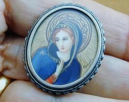 Vintage 800 Silver Hand Painted Mary Madonna Pin Pendant Signed STUNNING - £117.70 GBP