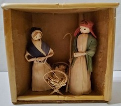 Vintage 3pc Corn Husk Doll Nativity Mary Joseph Jesus Manger Christmas  - £36.58 GBP