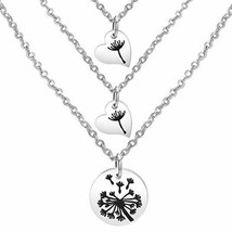 Mother Daughter Necklaces Set Stamped Dandelion Seed Jewelry Stainless Steel 3pc - £30.35 GBP
