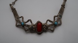 Vintage Ethnic Asian 19&quot; Blue Red Accent Silver Wire Wrap Necklace - $19.80