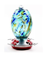Blue Blown Glass Hummingbird Feeder with Perch and 4 Feeding Ports - $134.99