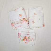 Pink Floral Full Double Bed Sheet Set Flat Fitted Pillowcases Lace VTG Cottage - £27.11 GBP