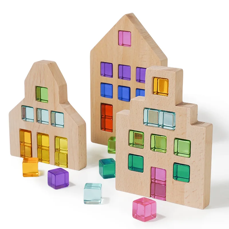 Wooden Montessori Acrylic Building Block High Transparency Cube Toy Rainbow - £15.39 GBP+