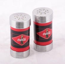 Coca Cola Retro Salt &amp; Pepper shaker set chrome diamond logo Red &amp; Black... - $10.75