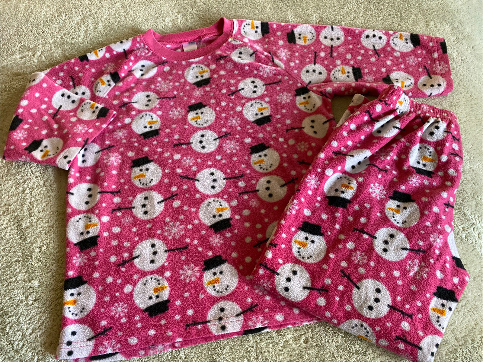 Childrens Place Girls Pink White Snowman 3/4 Sleeve Fleece Pajamas 10-12 - $14.70