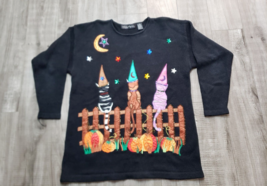 Vintage Halloween Sweater &#39;90s Knit Black Witch Cat Pumpkin Embroidered P/L - £23.41 GBP