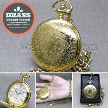 Gold Color Pocket Watch Brass Case Men Watch Roman Numbers Dial Fob Chain P281 - £19.20 GBP