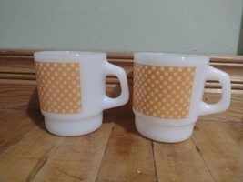 2 VTG FIRE KING Checked Milk Glass Coffee Mugs Cup Gingham Plaid Stackable  - £18.65 GBP