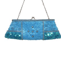 Gorgeous Sequin Beaded Turquoise Satin Clutch w/ Rhinestones Embellished Purse - £26.55 GBP