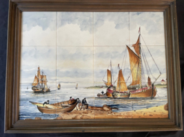 Antique Delft Polychrome Tile tableau 12 tiles VOC ships, Signed - £339.66 GBP