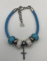 Bracelet Cross Charm &amp; Crystal Beads GM Stainless Steel Clear Blue QVC - £11.21 GBP