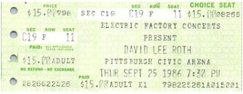 David Lee Roth Ticket Stumpf September 26 1986 Pittsburgh Pennsylvania - £34.27 GBP