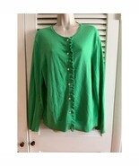 Vtg Lands&#39; End green ruffle front sweater L 14-16 96% cotton3% nylon1% e... - $31.72 CAD
