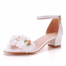 4CM High Heels White Lace Flower Women Summer Shoes Fashion Buckle Strap Square  - £40.61 GBP