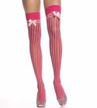 Pink Vertical Striped Sheer Pinstripe Thigh Highs Bows Saloon Madame Lil Bo Peep - £7.03 GBP