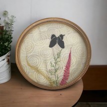 Vintage Butterfly Tray Drink Serving Round Server Pressed Faux Flower Wicker Lip - £17.09 GBP