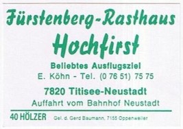 Matchbox Label Germany Furstenberg Rasthaus Hochfirst Neustadt - £0.77 GBP