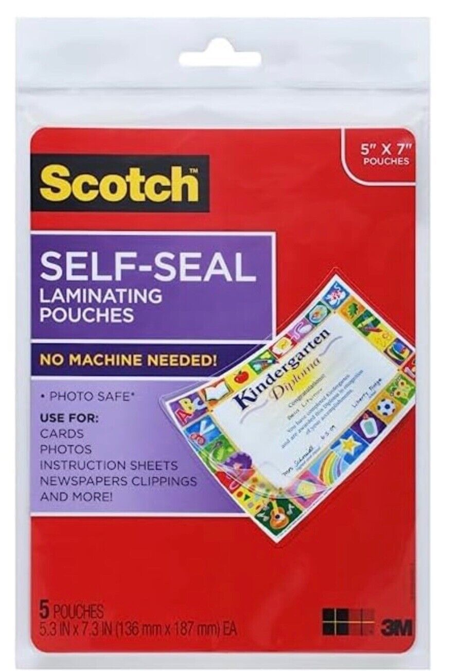 Scotch 3M Self-Sealing Laminating Pouches, 5.3&quot;x 7.3&quot; Document/Photo Siz... - $8.95