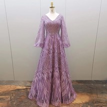 Beautiful Elegant V-Neck Long Sleeve Lilac Muslim Evening Dresses Plus Size Wome - £353.60 GBP