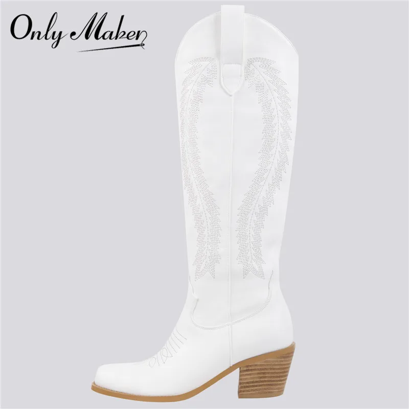 Onlymaker Western boy Boots  Women White Knee High Boots Calf Embroidered Pointe - £153.63 GBP