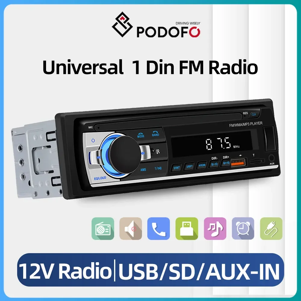 Podofo 1 Din MP3 Car Radio Audio Stereo FM Aux Input Receiver SD TF USB 12V - £18.22 GBP