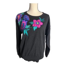 Vintage 80s Black Multicolored Floral Embroidered Beaded Sweater Size M - £35.72 GBP