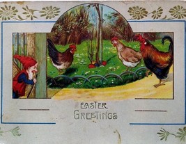 Easter Postcard Fantasy Gnome Dwarf Hens Chickens Vintage Gel Series 444 Germany - £8.85 GBP