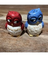 Owls - Couple Salt &amp; Pepper Shakers Signed Laurie Furnell Red &amp; Blue Cer... - $16.73 CAD