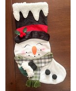Plush Snowman Christmas Stocking 18&quot; Fleece Top Hat Velour Green Plaid S... - $19.79