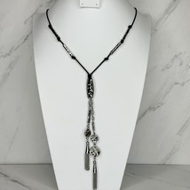 Chico&#39;s Hammered Metal Tassel Pendant on Black and Silver Tone Necklace - £15.56 GBP