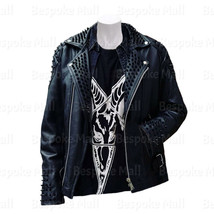 New Men&#39;s Full Black Spiked Studded Punk Rock Cowhide Biker Leather Jacket-375 - £247.98 GBP