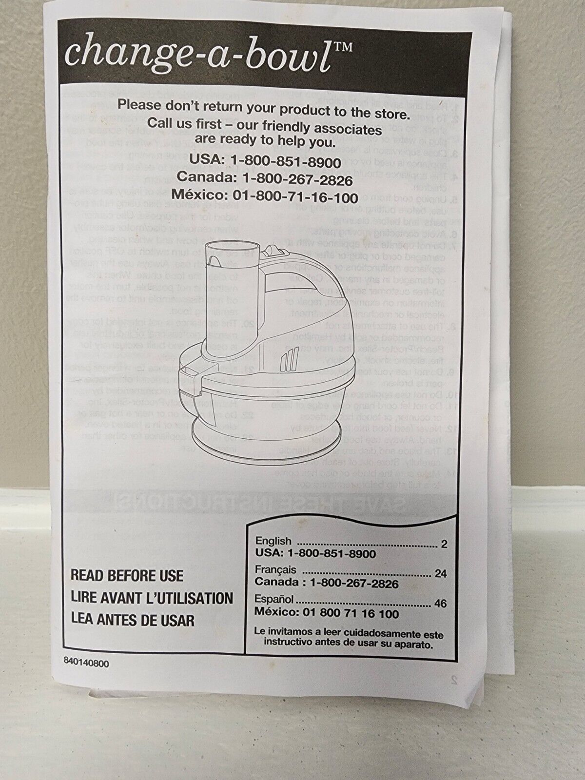 Hamilton Beach Change A Bowl 70800 Quick Start Guide and Instruction Manual - $7.87