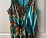 New Directions Sleeveless Blouse Womens Size L Red Blue Square Neck Fringe - $13.69