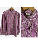 Vintage 1960s Blouse High Ruffle Neck Purple Paisley Button Up Secretary... - $95.69 CAD