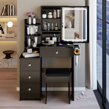 Small Left Bedside Vanity Table with LED Mirror, Power &amp; Stool - $179.99