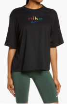 Nike Women&#39;s Dri-FIT Embroidered Rainbow Logo T-Shirt Black XS - $12.29