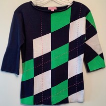 Lilly Pulitzer XS Green Blue White Argyle V-Neck Pullover 3/4 Sleeve Swe... - £19.48 GBP