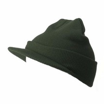 Olive Green Plain Visor Beanie Knit Ski Hat Warm Solid Color Cuff NEW Magic - £3.15 GBP