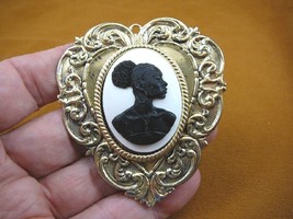 (CA20-62) RARE African American LADY white + black CAMEO heart brass Pin Pendant - £28.32 GBP