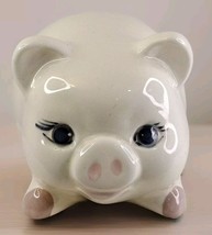 Cute Vtg Ceramic Piggy Cotton Dispenser beige/pink cute blue eyes 5&quot;1/2x3&quot;1/2 - $14.84