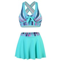 Striped Print Swimwear Push Up Bikinis with Skirt Retro Beachwear Vintag... - $28.96