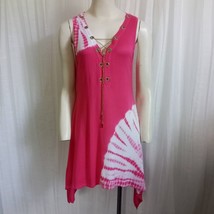 BELLDINI Rhinestone Tie Dye Knit Tunic Top Chain Lace Up High Low Hot Pink Med - £54.22 GBP