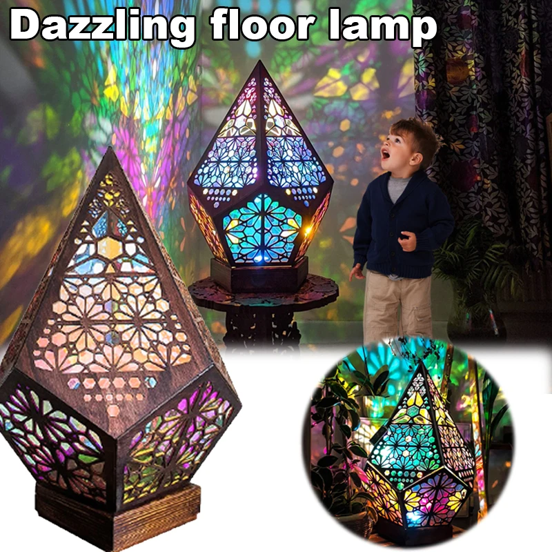 Wooden Floor Lamp Projection Night Lamp Bohemian Colorful Projector Desk Lamp - £19.00 GBP+