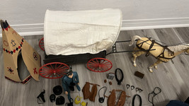 Vintage Marx Johnny West Covered Wagon w 1966 Horse Mike Hazard Teepee a... - $168.25