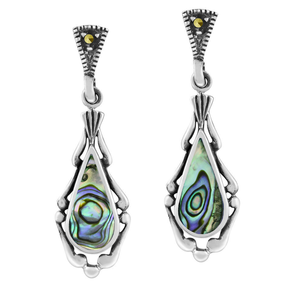 Primary image for Art Deco Teardrops Abalone Shell Marcasite and Sterling Silver Dangle Earrings