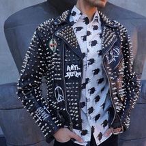 NEW Men&#39;s Cowhide leather punk Full Silver studded black motorcycle jacket coat  - £208.58 GBP