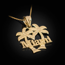 10K Yellow Gold &quot;Miami&quot; City Palm Trees Pendant Necklace - £93.28 GBP+