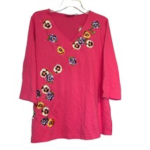 Quacker Factory Womens Top Pink 1X Cotton Floral Embroidered V Neck Pullover - £14.00 GBP