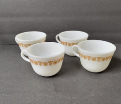 4 Vintage 70s Pyrex Butterfly Gold Milk Glass Coffee Tea Cup Mug - £7.95 GBP